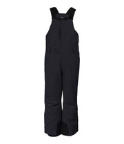 A pair of black boys' bib pants with integrated suspenders, a zippered chest pocket with a flap, hand pockets and belt loops.
