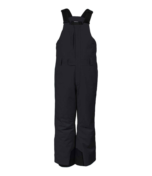 A pair of black boys' bib pants with integrated suspenders, a zippered chest pocket with a flap, hand pockets and belt loops.