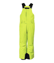 A pair of yellow boys' bib pants with integrated suspenders, a zippered chest pocket with a flap, hand pockets and belt loops.