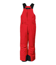 A pair of red boys' bib pants with integrated suspenders, a zippered chest pocket with a flap, hand pockets and belt loops.
