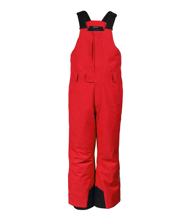 A pair of red boys' bib pants with integrated suspenders, a zippered chest pocket with a flap, hand pockets and belt loops.