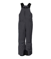 A pair of grey boys' bib pants with integrated suspenders, a zippered chest pocket with a flap, hand pockets and belt loops.