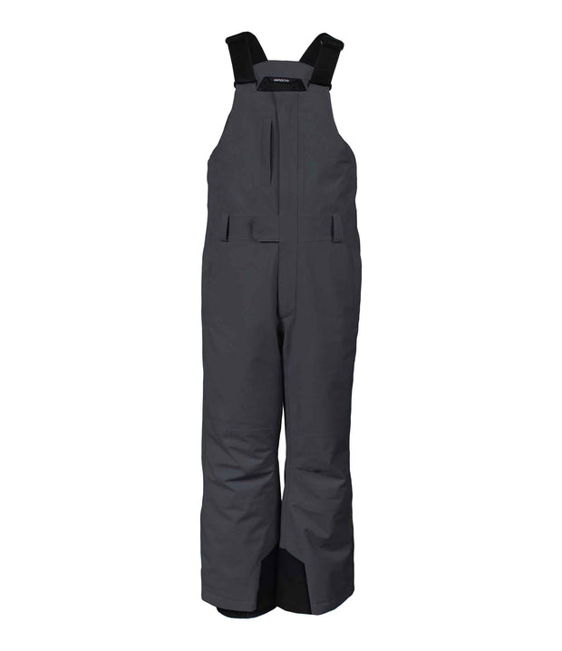 A pair of grey boys' bib pants with integrated suspenders, a zippered chest pocket with a flap, hand pockets and belt loops.