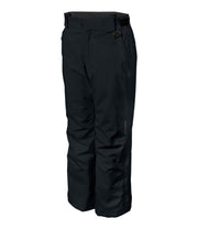 A pair of kids' black ski pants with zippered hand pockets, and an adjustable waistband with belt loops.