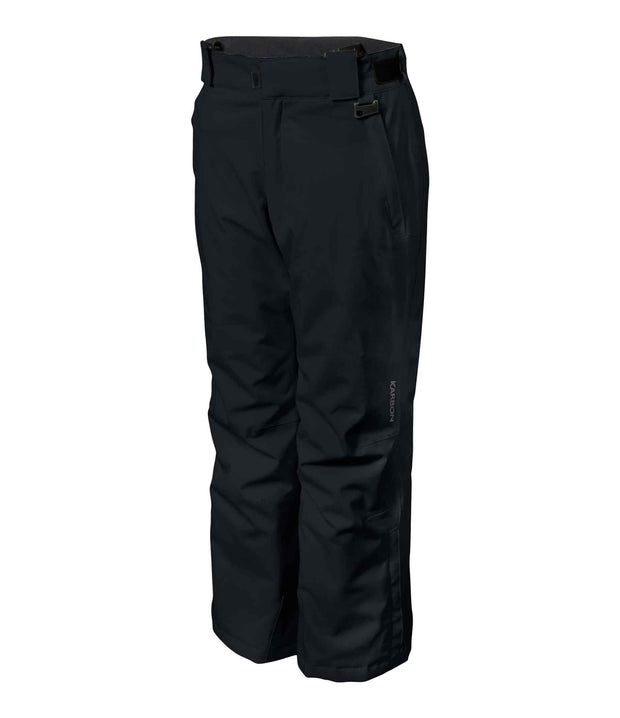 A pair of kids' black ski pants with zippered hand pockets, and an adjustable waistband with belt loops.
