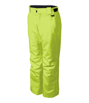 A pair of kids' yellow ski pants with zippered hand pockets, and an adjustable waistband with belt loops.