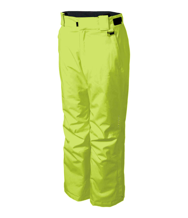 A pair of kids' yellow ski pants with zippered hand pockets, and an adjustable waistband with belt loops.