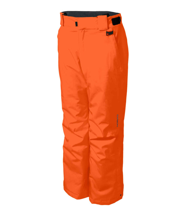 A pair of kids' orange ski pants with zippered hand pockets, and an adjustable waistband with belt loops.