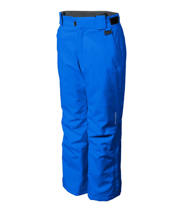 A pair of kids' blue ski pants with zippered hand pockets, and an adjustable waistband with belt loops.