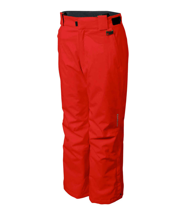 A pair of kids' red ski pants with zippered hand pockets, and an adjustable waistband with belt loops.