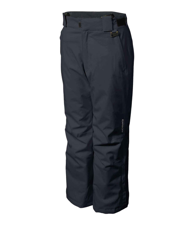 A pair of kids' grey ski pants with zippered hand pockets, and an adjustable waistband with belt loops.