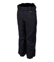 A pair of kids' black ski pants with zippered hand pockets, and an adjustable waistband with belt loops.