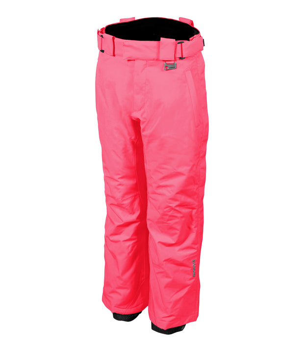 A pair of kids' pink ski pants with zippered hand pockets, and an adjustable waistband with belt loops.