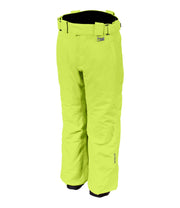 A pair of kids' yellow ski pants with zippered hand pockets, and an adjustable waistband with belt loops.