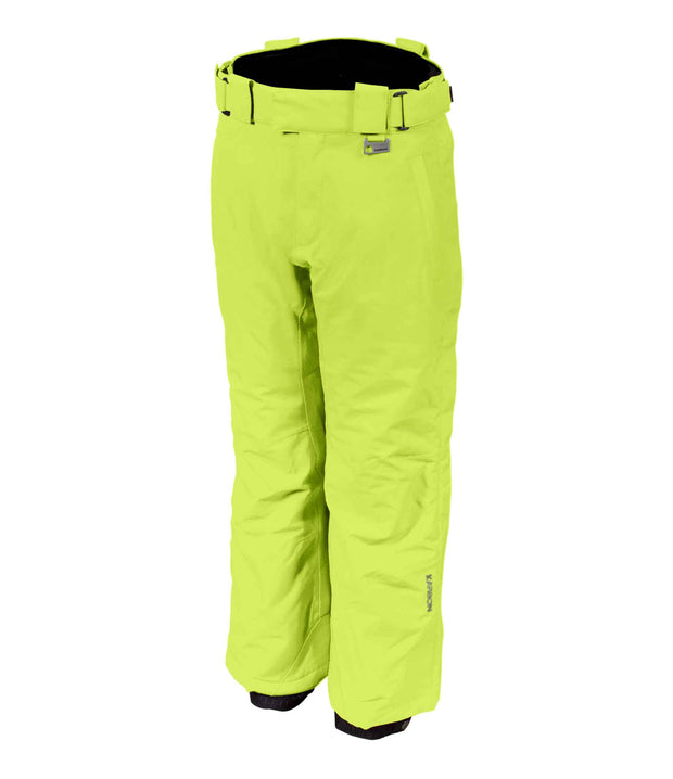 A pair of kids' yellow ski pants with zippered hand pockets, and an adjustable waistband with belt loops.
