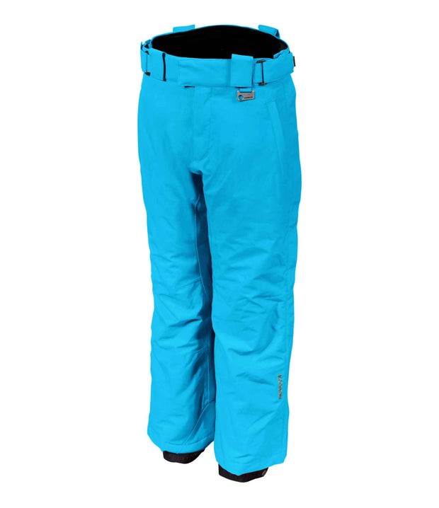 A pair of kids' blue ski pants with zippered hand pockets, and an adjustable waistband with belt loops.