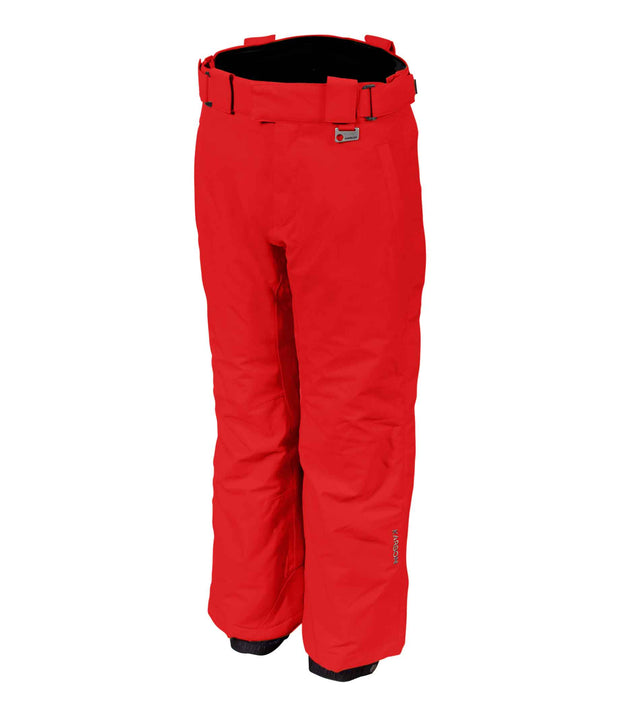 A pair of kids' red ski pants with zippered hand pockets, and an adjustable waistband with belt loops.