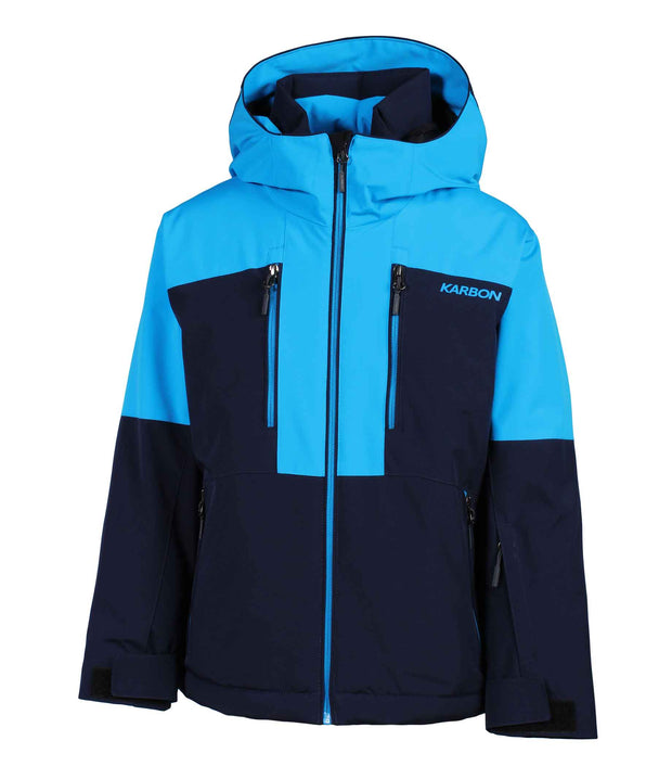 A two-tone boys' jacket mixed with blue and navy blue, featuring mutiple zippered pockets with blue zippers.