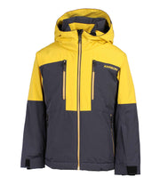 A two-tone boys' jacket mixed with yellow and grey, featuring mutiple zippered pockets with yellow zippers.