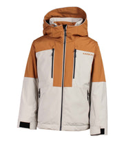 A two-tone boys' jacket mixed with brown and beige, featuring mutiple zippered pockets with navy blue zippers.