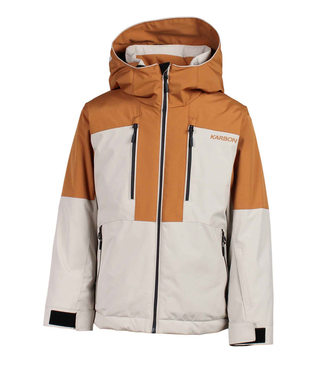 A two-tone boys' jacket mixed with brown and beige, featuring mutiple zippered pockets with navy blue zippers.