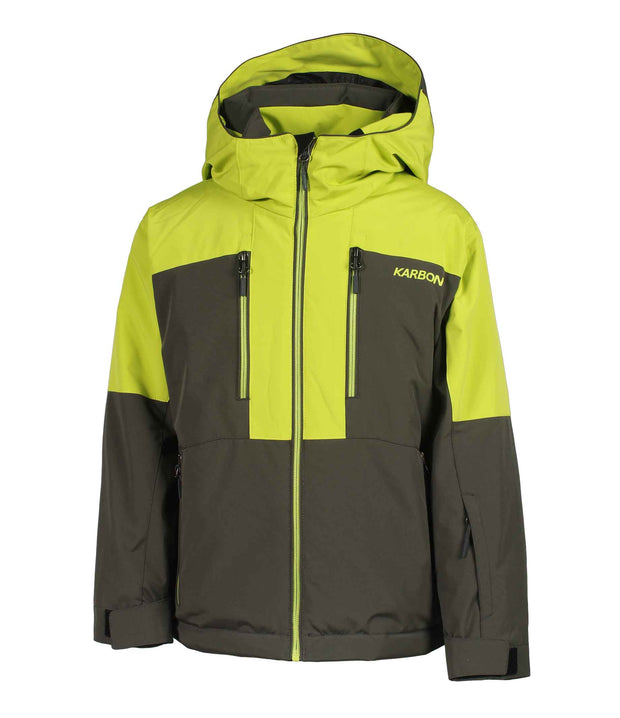 A two-tone boys' jacket mixed with green and darker green, featuring mutiple zippered pockets with lime green zippers.
