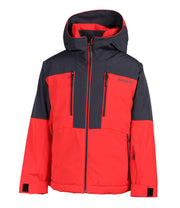 A two-tone boys' jacket mixed with black and red, featuring mutiple zippered pockets with black zippers.