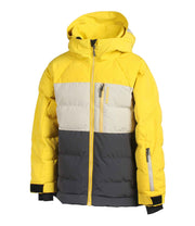 A colour-blocked boys' insulated puffer jacket in yellow, beige, and dark grey with an adjustable hood, zippered front, and adjustable wrists.