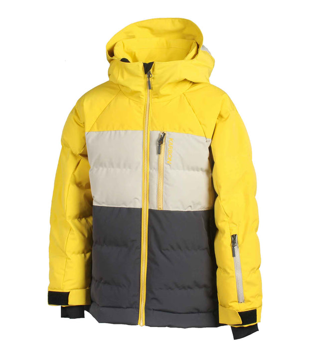 A colour-blocked boys' insulated puffer jacket in yellow, beige, and dark grey with an adjustable hood, zippered front, and adjustable wrists.