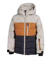 A colour-blocked boys' insulated puffer jacket in beige, brown, and black with an adjustable hood, zippered front, and adjustable wrists.