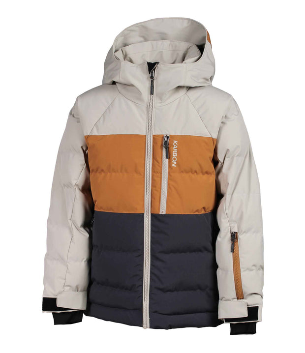 A colour-blocked boys' insulated puffer jacket in beige, brown, and black with an adjustable hood, zippered front, and adjustable wrists.