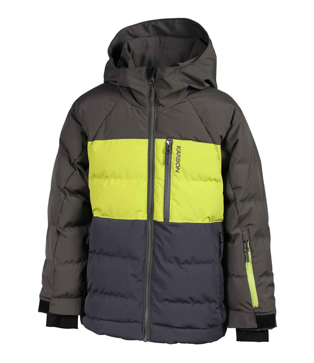 A colour-blocked boys' insulated puffer jacket in dark green, green and dark grey with an adjustable hood, zippered front, and adjustable wrists.