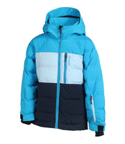 A colour-blocked boys' insulated puffer jacket in blue, light blue, and navy blue with an adjustable hood, zippered front, and adjustable wrists.