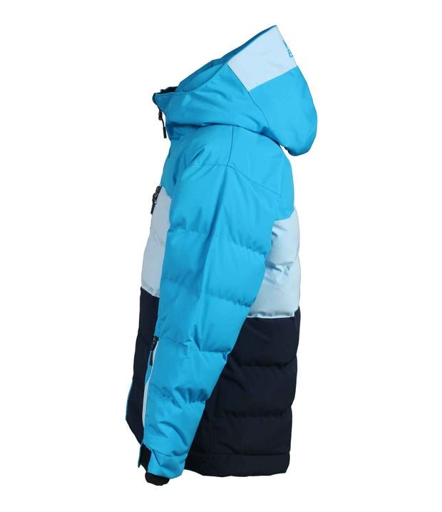 A colour-blocked boys' insulated puffer jacket in blue, light blue, and navy blue with an adjustable hood, zippered front, and adjustable wrists.