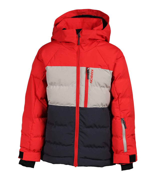 A colour-blocked boys' insulated puffer jacket in red, beige, and dark grey with an adjustable hood, zippered front, and adjustable wrists.
