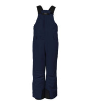 A pair of navy blue girls' bib pants with intergrated suspenders, a zippered chest pocket with a flap, hand pockets and belt loops.