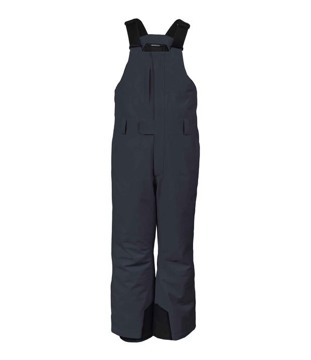 A pair of dark grey girls' bib pants with intergrated suspenders, a zippered chest pocket with a flap, hand pockets and belt loops.