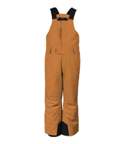 A pair of brown girls' bib pants with intergrated suspenders, a zippered chest pocket with a flap, hand pockets and belt loops.