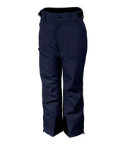 A pair of junior navy blue insulated pants, featuring multiple pockets, zip closures, and belt loops.