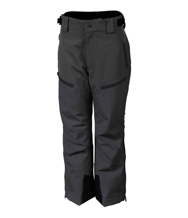 A pair of junior grey insulated pants with black details, featuring multiple pockets, zip closures, and belt loops.