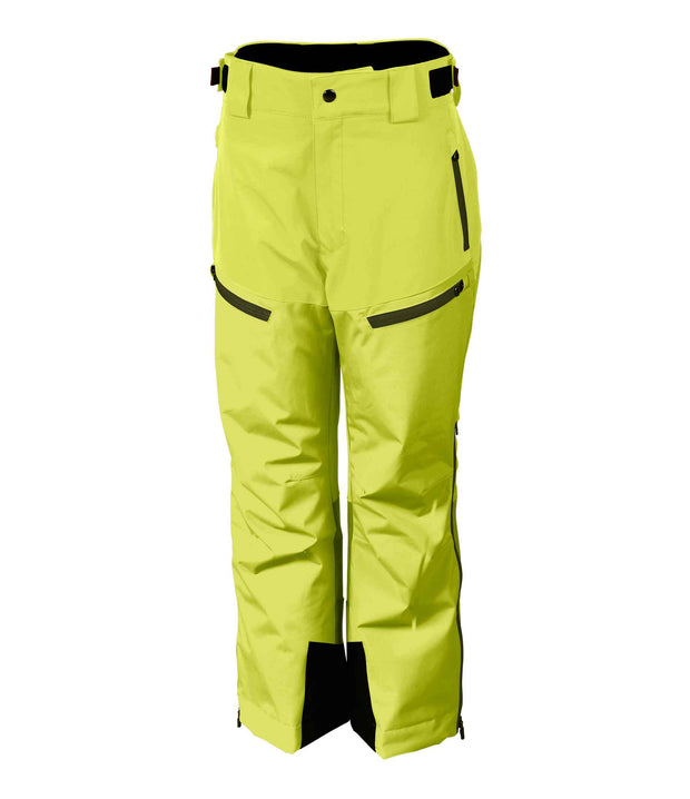 A pair of junior light green insulated pants with dark green details, featuring multiple pockets, zip closures, and belt loops.