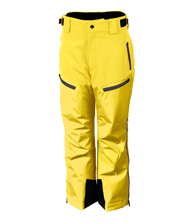 A pair of junior yellow insulated pants with grey details, featuring multiple pockets, zip closures, and belt loops.