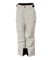 A pair of junior beige insulated pants, featuring multiple pockets, zip closures, and belt loops.