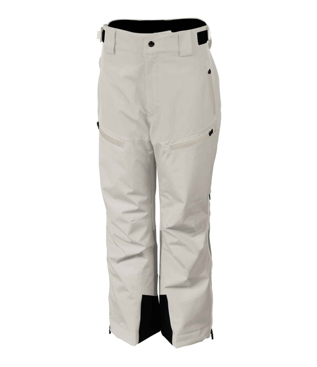 A pair of junior beige insulated pants, featuring multiple pockets, zip closures, and belt loops.