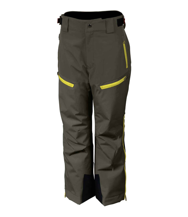 A pair of junior dark green insulated pants with light green details, featuring multiple pockets, zip closures, and belt loops.