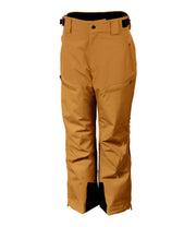 A pair of junior brown insulated pants, featuring multiple pockets, zip closures, and belt loops.