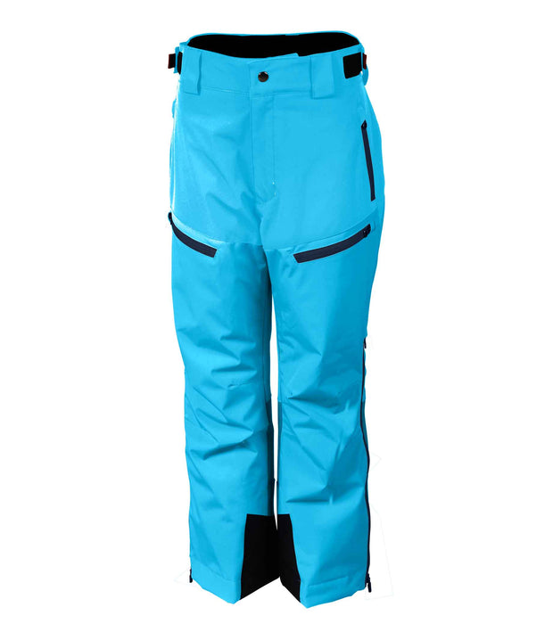 A pair of junior light blue insulated pants with navy blue details, featuring multiple pockets, zip closures, and belt loops.
