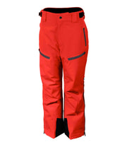 A pair of junior red insulated pants with grey details, featuring multiple pockets, zip closures, and belt loops.