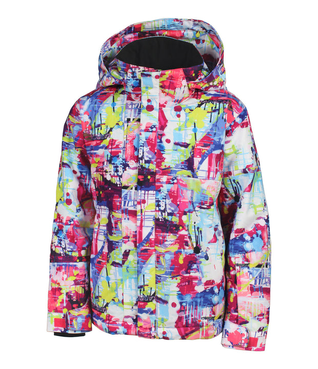 A girls' insulated jacket with a geometric pattern featuring predominantly pink, blue, purple and white colors, including a mixed colour hood.