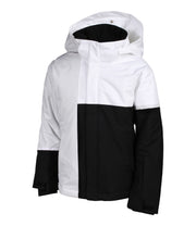 A girls' insulated jacket featuring a colour block design with grey, black, and white. It includes a hood, zippered front, and multiple pockets.